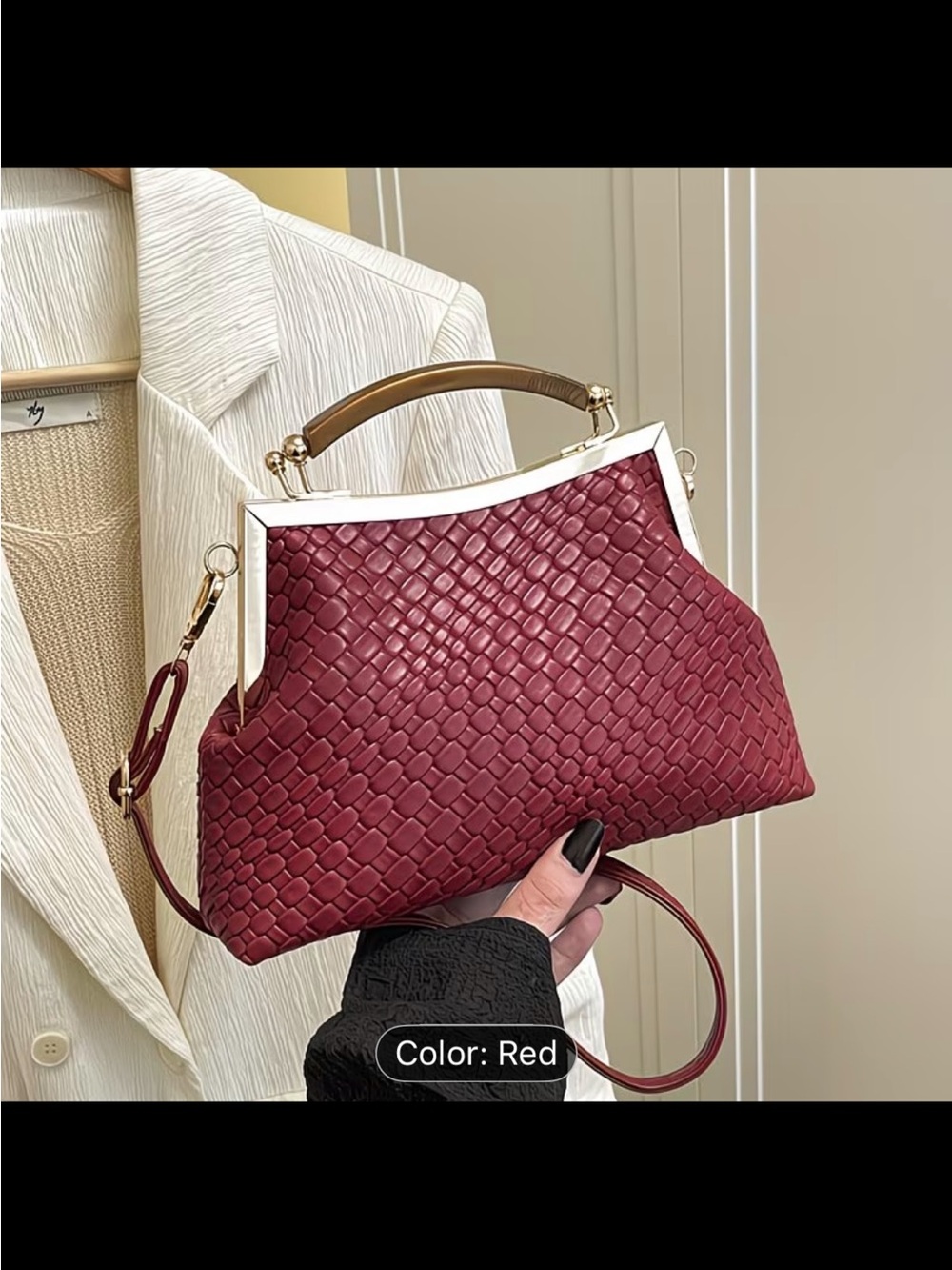 Woven Structured Top-Handle Bag in Red